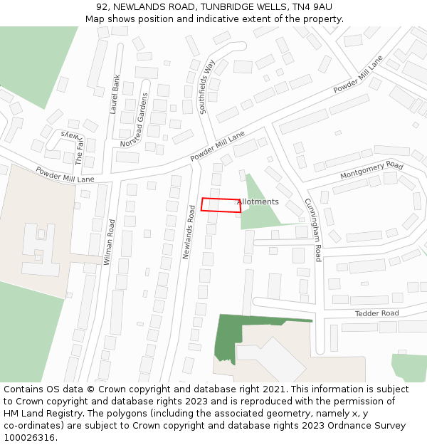 92, NEWLANDS ROAD, TUNBRIDGE WELLS, TN4 9AU: Location map and indicative extent of plot