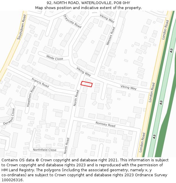 92, NORTH ROAD, WATERLOOVILLE, PO8 0HY: Location map and indicative extent of plot