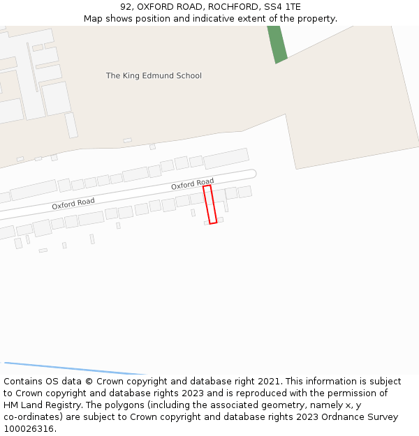 92, OXFORD ROAD, ROCHFORD, SS4 1TE: Location map and indicative extent of plot