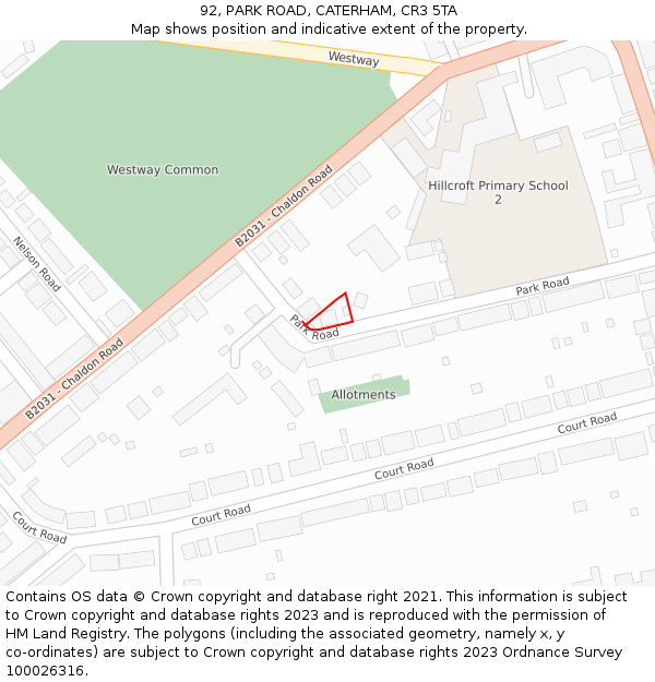 92, PARK ROAD, CATERHAM, CR3 5TA: Location map and indicative extent of plot