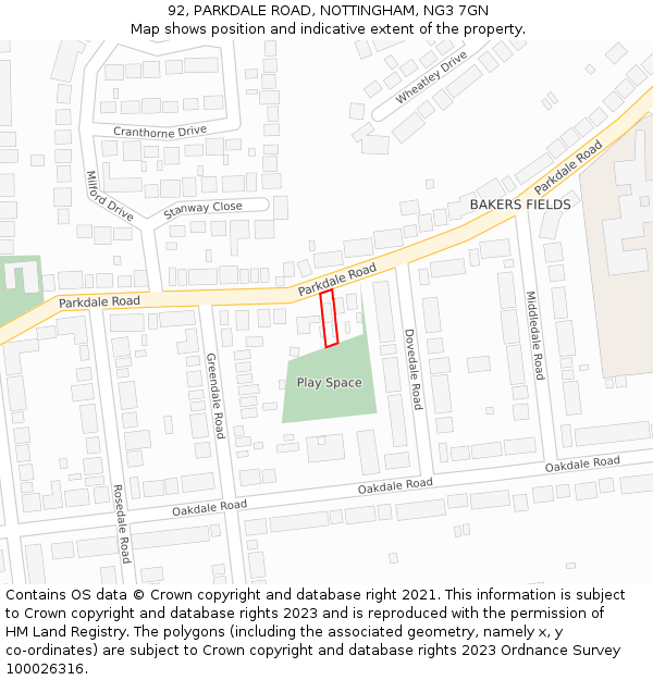 92, PARKDALE ROAD, NOTTINGHAM, NG3 7GN: Location map and indicative extent of plot