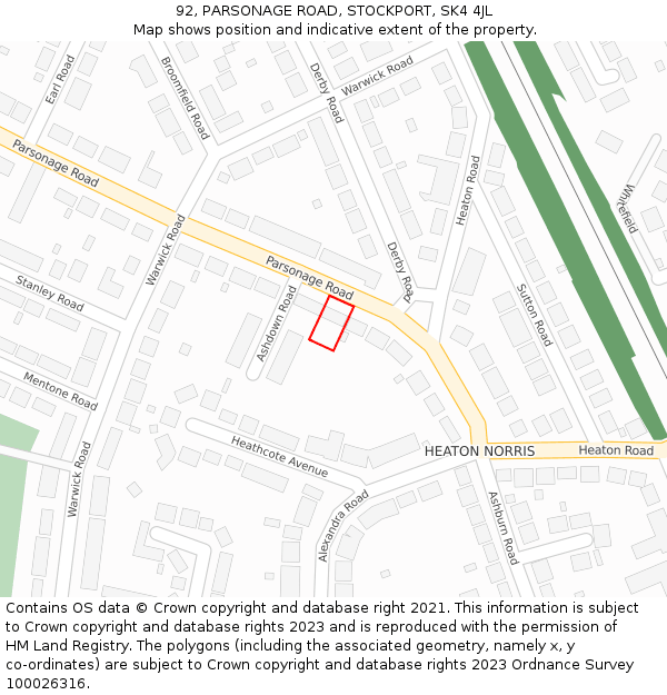 92, PARSONAGE ROAD, STOCKPORT, SK4 4JL: Location map and indicative extent of plot