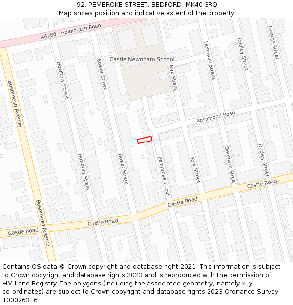 92, PEMBROKE STREET, BEDFORD, MK40 3RQ: Location map and indicative extent of plot