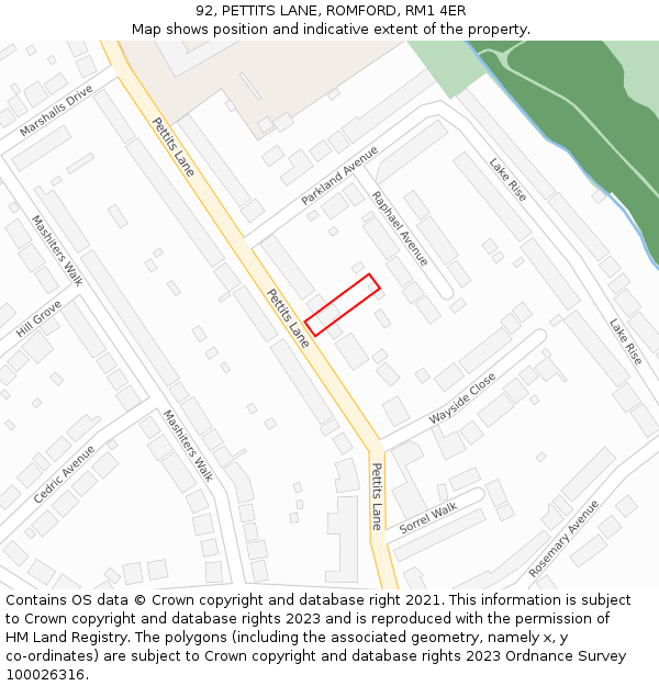 92, PETTITS LANE, ROMFORD, RM1 4ER: Location map and indicative extent of plot