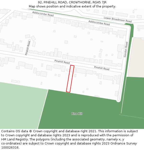 92, PINEHILL ROAD, CROWTHORNE, RG45 7JR: Location map and indicative extent of plot