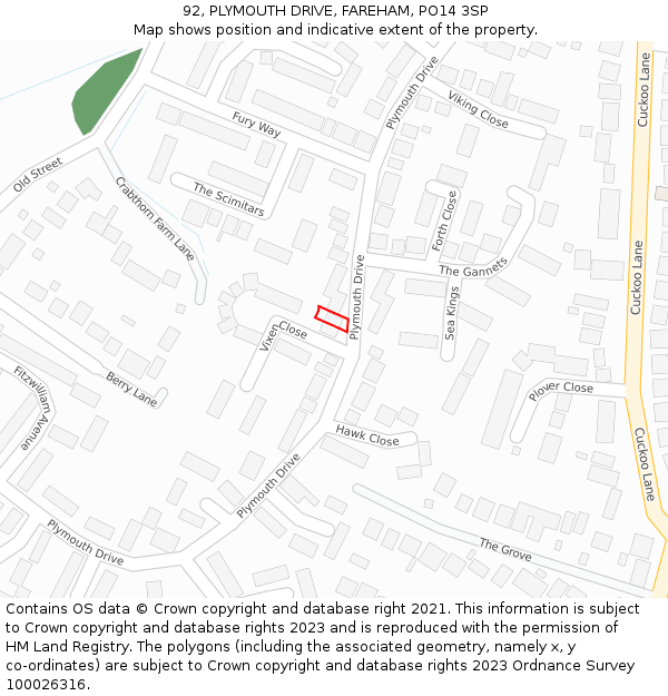 92, PLYMOUTH DRIVE, FAREHAM, PO14 3SP: Location map and indicative extent of plot