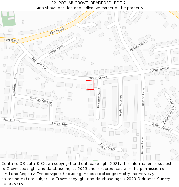 92, POPLAR GROVE, BRADFORD, BD7 4LJ: Location map and indicative extent of plot