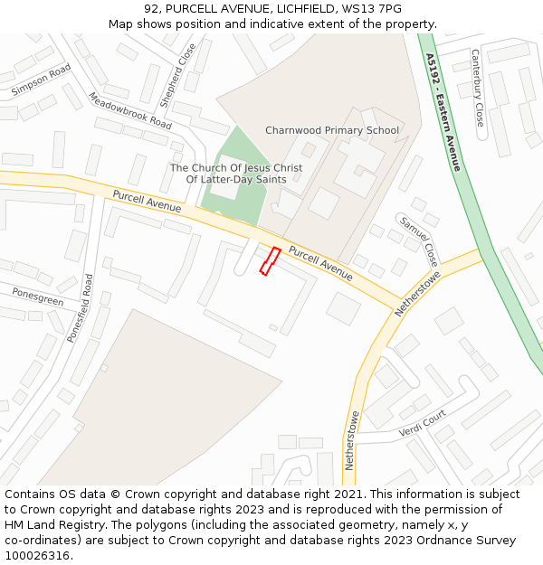 92, PURCELL AVENUE, LICHFIELD, WS13 7PG: Location map and indicative extent of plot