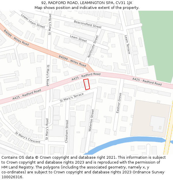 92, RADFORD ROAD, LEAMINGTON SPA, CV31 1JX: Location map and indicative extent of plot