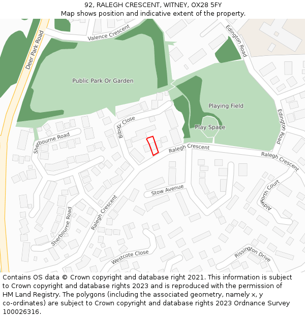 92, RALEGH CRESCENT, WITNEY, OX28 5FY: Location map and indicative extent of plot