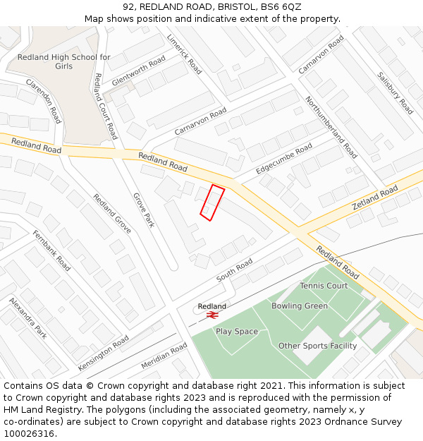 92, REDLAND ROAD, BRISTOL, BS6 6QZ: Location map and indicative extent of plot