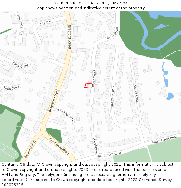92, RIVER MEAD, BRAINTREE, CM7 9AX: Location map and indicative extent of plot
