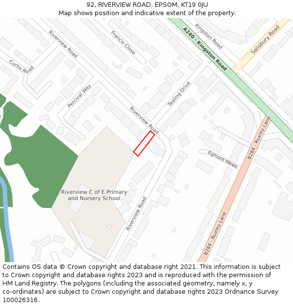 92, RIVERVIEW ROAD, EPSOM, KT19 0JU: Location map and indicative extent of plot