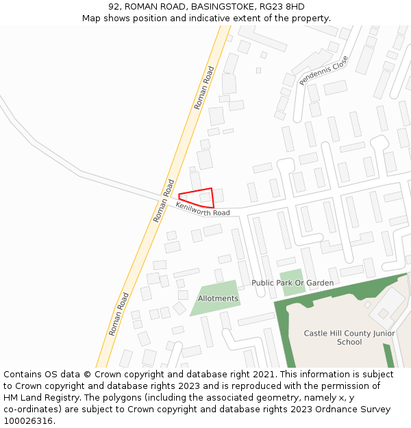 92, ROMAN ROAD, BASINGSTOKE, RG23 8HD: Location map and indicative extent of plot