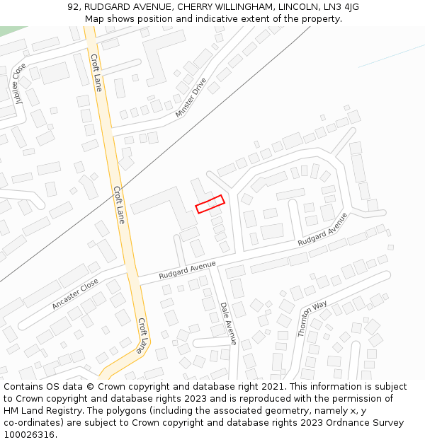 92, RUDGARD AVENUE, CHERRY WILLINGHAM, LINCOLN, LN3 4JG: Location map and indicative extent of plot