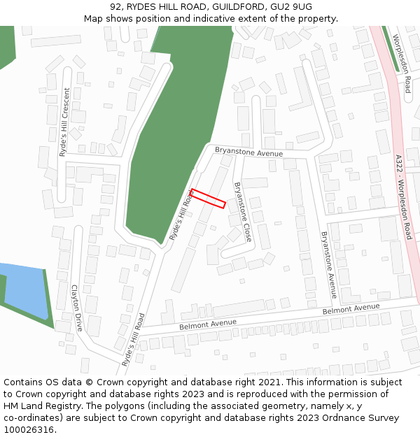 92, RYDES HILL ROAD, GUILDFORD, GU2 9UG: Location map and indicative extent of plot