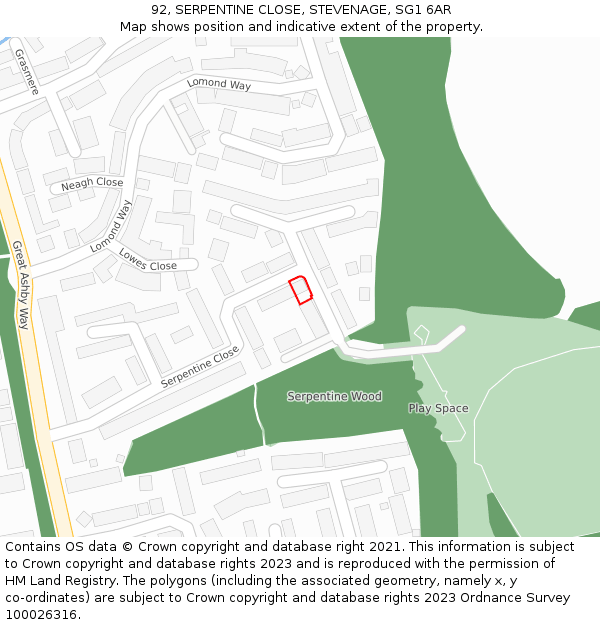 92, SERPENTINE CLOSE, STEVENAGE, SG1 6AR: Location map and indicative extent of plot