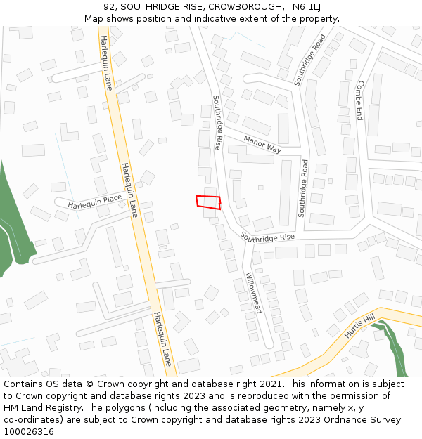 92, SOUTHRIDGE RISE, CROWBOROUGH, TN6 1LJ: Location map and indicative extent of plot
