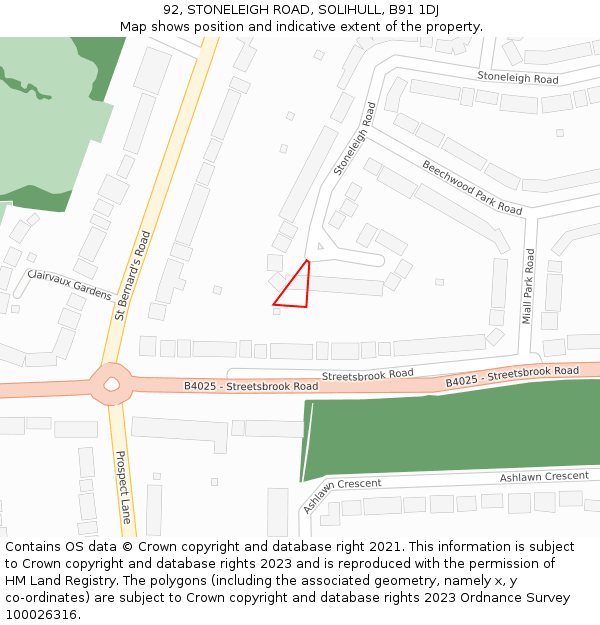 92, STONELEIGH ROAD, SOLIHULL, B91 1DJ: Location map and indicative extent of plot