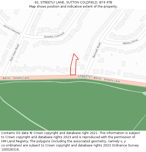 92, STREETLY LANE, SUTTON COLDFIELD, B74 4TB: Location map and indicative extent of plot