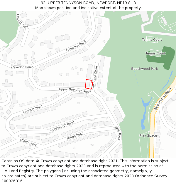 92, UPPER TENNYSON ROAD, NEWPORT, NP19 8HR: Location map and indicative extent of plot
