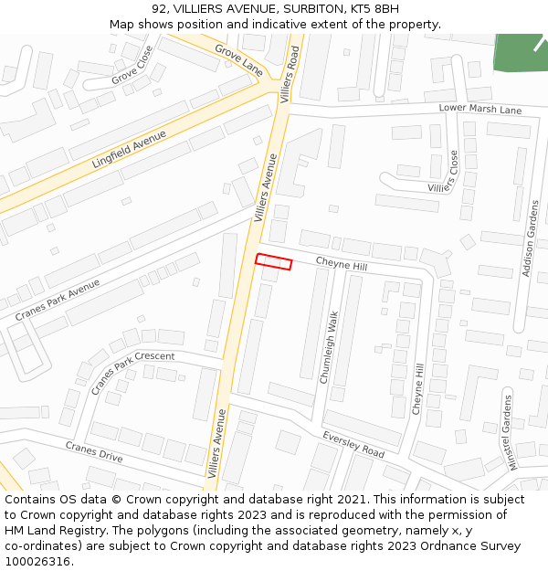 92, VILLIERS AVENUE, SURBITON, KT5 8BH: Location map and indicative extent of plot