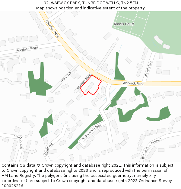 92, WARWICK PARK, TUNBRIDGE WELLS, TN2 5EN: Location map and indicative extent of plot