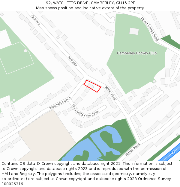 92, WATCHETTS DRIVE, CAMBERLEY, GU15 2PF: Location map and indicative extent of plot