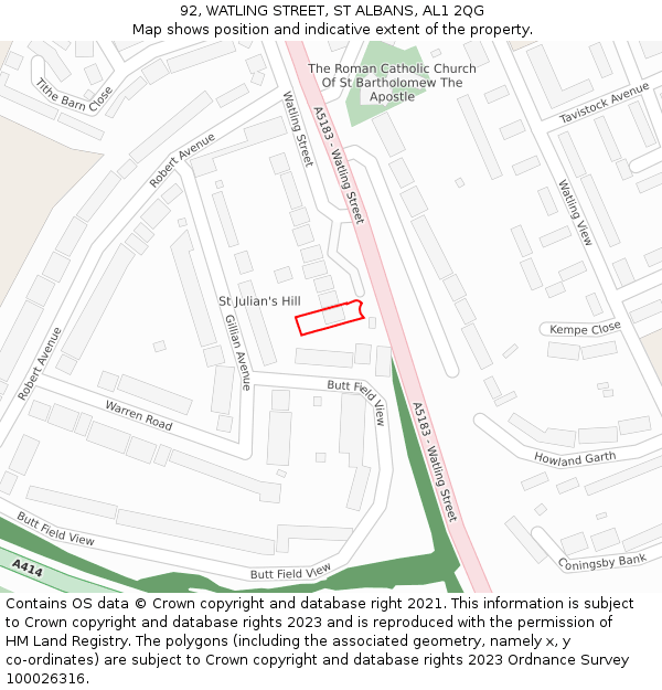 92, WATLING STREET, ST ALBANS, AL1 2QG: Location map and indicative extent of plot