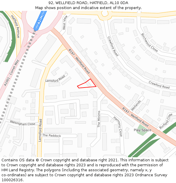 92, WELLFIELD ROAD, HATFIELD, AL10 0DA: Location map and indicative extent of plot