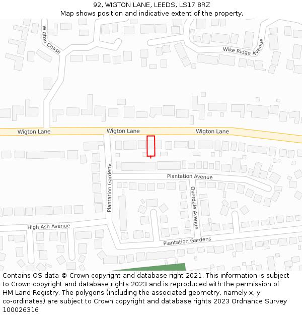 92, WIGTON LANE, LEEDS, LS17 8RZ: Location map and indicative extent of plot