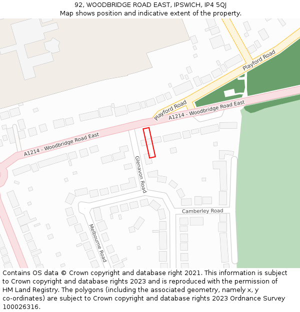 92, WOODBRIDGE ROAD EAST, IPSWICH, IP4 5QJ: Location map and indicative extent of plot