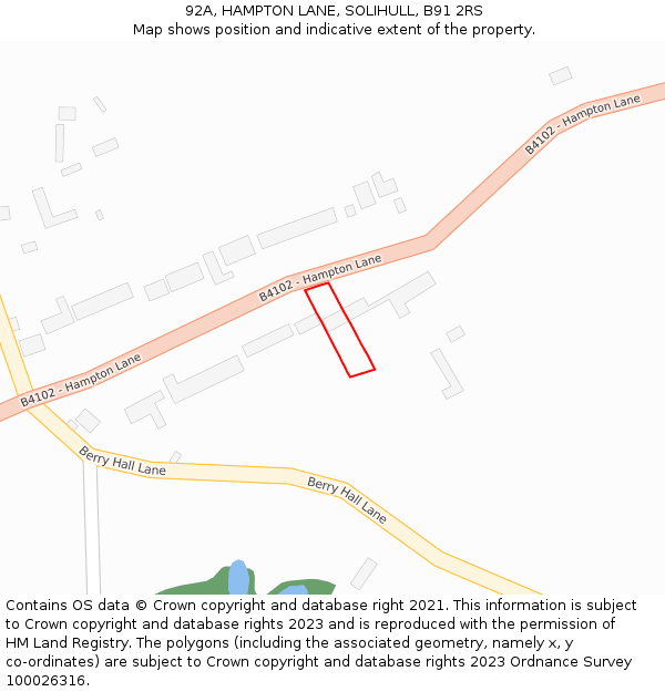 92A, HAMPTON LANE, SOLIHULL, B91 2RS: Location map and indicative extent of plot
