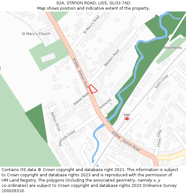 92A, STATION ROAD, LISS, GU33 7AD: Location map and indicative extent of plot