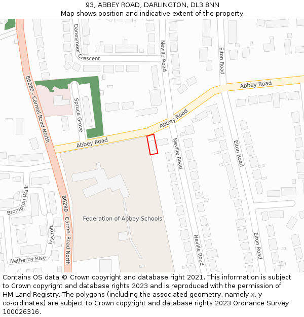 93, ABBEY ROAD, DARLINGTON, DL3 8NN: Location map and indicative extent of plot
