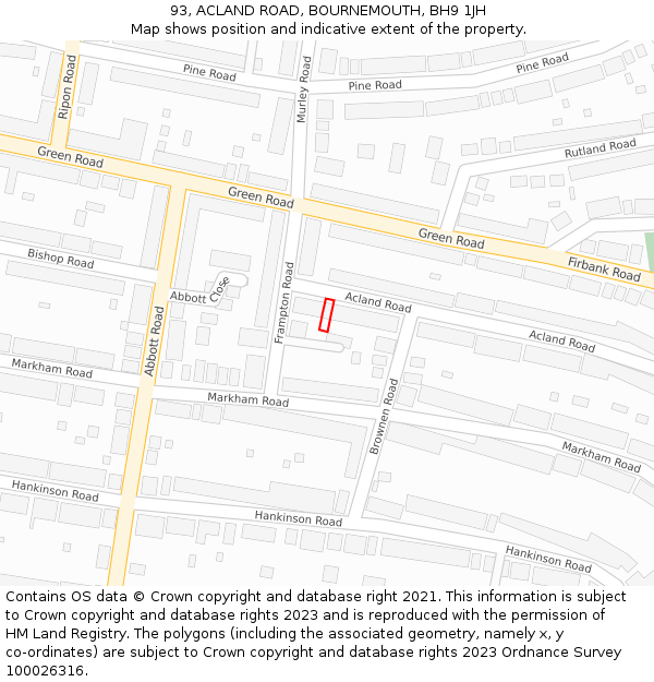 93, ACLAND ROAD, BOURNEMOUTH, BH9 1JH: Location map and indicative extent of plot