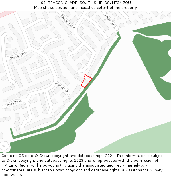 93, BEACON GLADE, SOUTH SHIELDS, NE34 7QU: Location map and indicative extent of plot