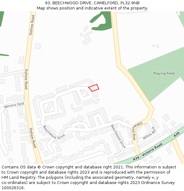 93, BEECHWOOD DRIVE, CAMELFORD, PL32 9NB: Location map and indicative extent of plot