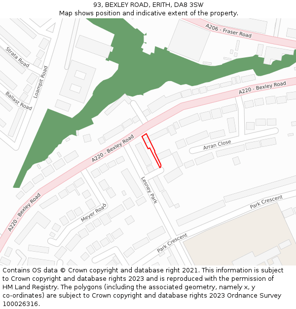 93, BEXLEY ROAD, ERITH, DA8 3SW: Location map and indicative extent of plot