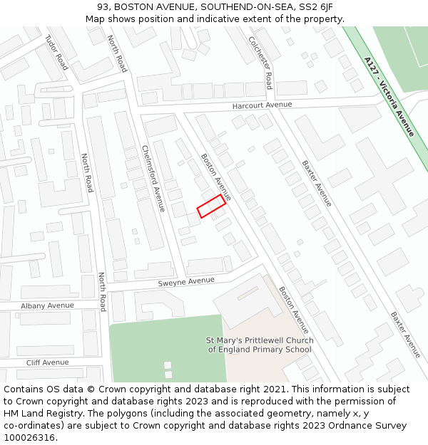 93, BOSTON AVENUE, SOUTHEND-ON-SEA, SS2 6JF: Location map and indicative extent of plot