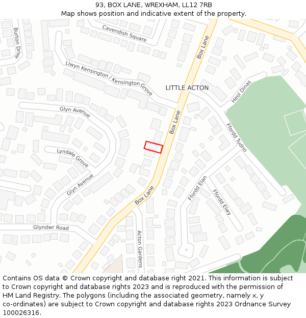 93, BOX LANE, WREXHAM, LL12 7RB: Location map and indicative extent of plot