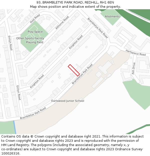 93, BRAMBLETYE PARK ROAD, REDHILL, RH1 6EN: Location map and indicative extent of plot