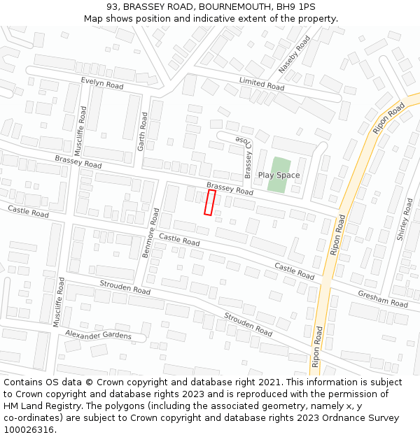 93, BRASSEY ROAD, BOURNEMOUTH, BH9 1PS: Location map and indicative extent of plot