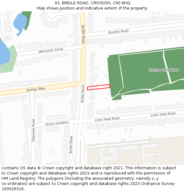 93, BRIDLE ROAD, CROYDON, CR0 8HQ: Location map and indicative extent of plot
