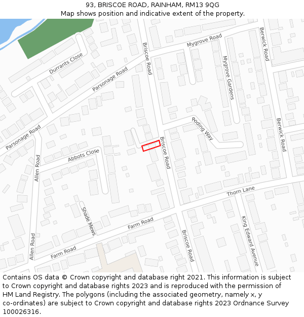 93, BRISCOE ROAD, RAINHAM, RM13 9QG: Location map and indicative extent of plot