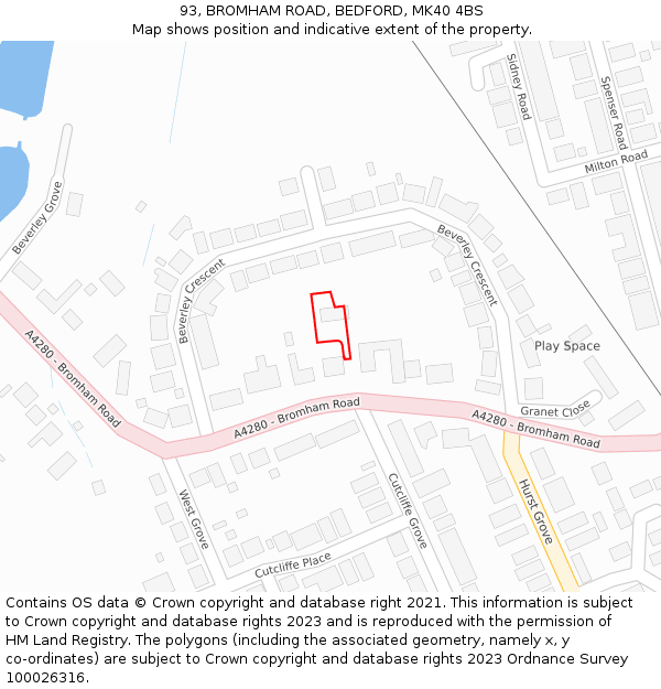 93, BROMHAM ROAD, BEDFORD, MK40 4BS: Location map and indicative extent of plot