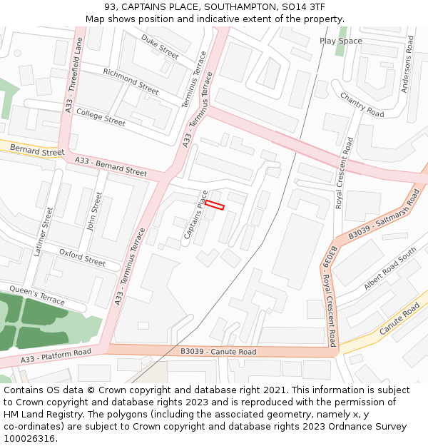 93, CAPTAINS PLACE, SOUTHAMPTON, SO14 3TF: Location map and indicative extent of plot