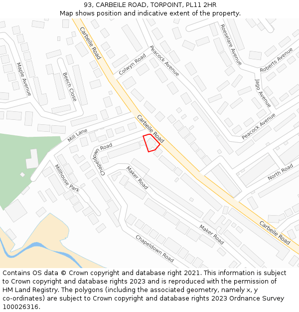 93, CARBEILE ROAD, TORPOINT, PL11 2HR: Location map and indicative extent of plot