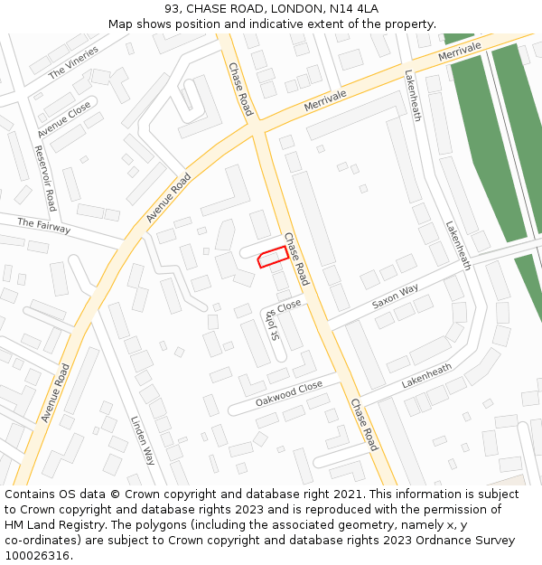 93, CHASE ROAD, LONDON, N14 4LA: Location map and indicative extent of plot