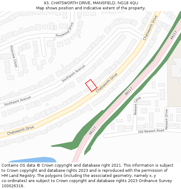 93, CHATSWORTH DRIVE, MANSFIELD, NG18 4QU: Location map and indicative extent of plot